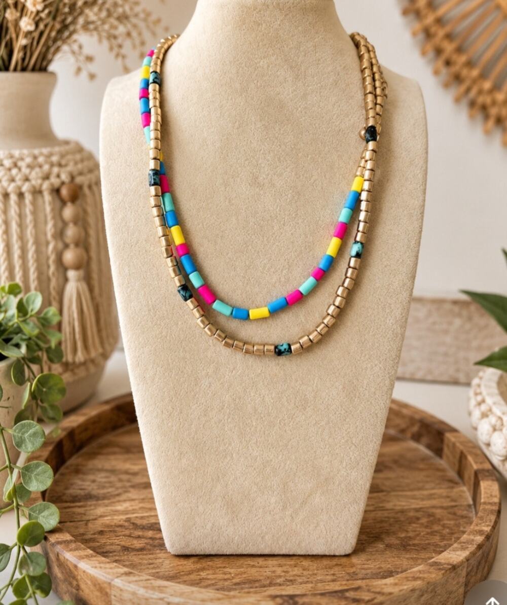 Pomina Layered Gold Rainbow Beaded Necklace New